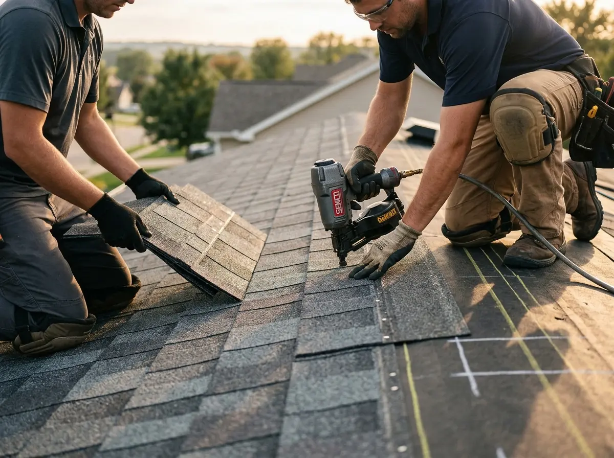 Professional roofer working on a residential roof in Timonium